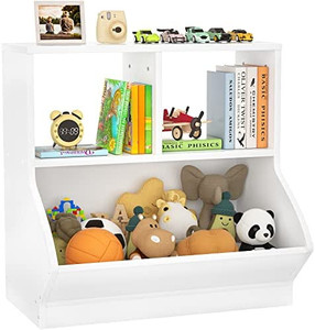 lot 40814 image: Aheaplus Toy Storage Organizer with Bookcase, 3 Cubby Bookshelf Toy Storage Cabinet, Open Multi-Bins Toys&Books Storage Display Organizer for Playroom, Bedroom, Nursery, School, White