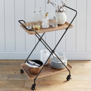 lot 40816 image: Nathan James Hallie Retro 2-Tray Beige Mid-Century with Black Metal Finish Rolling Bar Cart or Serving Cart