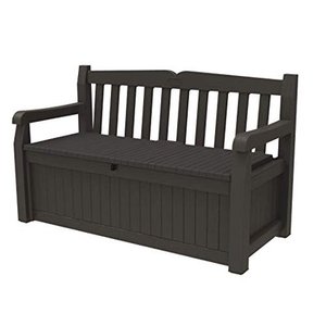 lot 40823 image: Keter Solana 70 Gallon Storage Bench Deck Box for Patio Furniture Front Porch Decor and Outdoor Seating - Perfect to Store Garden Tools and Pool Toys Brown