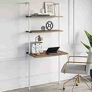 lot 40824 image: Nathan James Theo 2-Shelf Industrial Wall Mount Ladder, Small Computer or Writing Desk, Rustic OakWhite