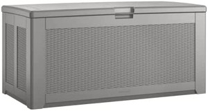 lot 40826 image: Rubbermaid Outdoor Deck Box, Extra Large, Weather Resistant, Gray for Lawn, Garden, Pool, Tool Storage, Home Organization