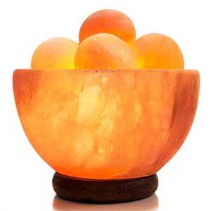 lot 6066 image: UMAID Natural Himalayan Salt Lamp Bowl with 6 Heated Salt Massage Balls, Stylish Wood Base, Bulb with Dimmable Switch UL-Listed Cord