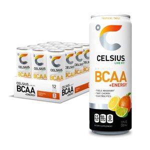 lot 6116 image: CELSIUS BCAA Energy Sparkling Post-Workout Recovery & Hydration Drink, Tropical Twist, 144 Fl Oz (Pack of 12)