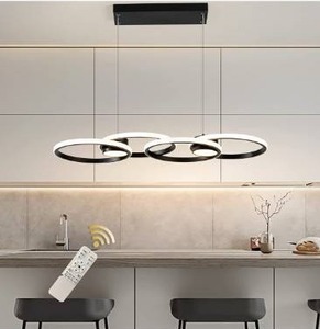 lot 6135 image: Eiinee Modern LED Pendant Light, 4 Rings Dimmable LED Chandelier Lighting Fixture with Remote, Adjustable Hanging Chandelier Pendant for Dining Living Room Kitchen Island Bar(56W,3000-6000K,Black)