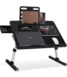 lot 6146 image: Laptop Bed Tray Table, SAIJI Adjustable Bed Desk for Laptop, Lap Desk for Laptop, Extra Large Super Stable Foldable Laptop Stand with Drawer for Eating, Working, Writing, Gaming, Drawing(Black)