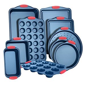 lot 6154 image: 10-Piece Nonstick Bakeware Set - PFOA, PFOS, PTFE-Free Carbon Steel Baking Trays w Heatsafe Silicone Handles, Oven Safe Up to 450°F, Pizza Loaf Muffin RoundSquare Pans, Cookie Sheet