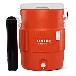 lot 6161 image: Igloo 10 Gallon Seat Top Water Jug With Cup Dispenser , OrangeWhite