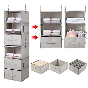 lot 6174 image: 6-Shelf Hanging Closet Organizer, 2 Separable 3-Shelf Hanging Shelves with 3 Drawers for Wardrobe, Nursery, Baby Clothes Organization and Storage