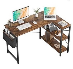 lot 64953 image: Small L Shaped Computer Desk, Homieasy 47 Inch L-Shaped Corner Desk with Reversible Storage Shelves for Home Office Workstation, Modern Simple Style Writing Desk Table with Storage Bag(Rustic Brown)