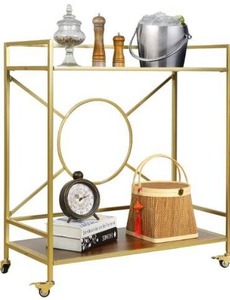 lot 6176 image: Palama Gold Bar Cart for The Home, Large Mid Century Bar Cart Simply Assembled in 10 Minutes, 2-Tier Rolling Storage Cart with 2 Walnut MDF Shelves, Wine Cart with 2 Lockable Wheels