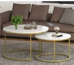 lot 6177 image: Yechen Coffee Table for Living Room, Set of 2 Modern Nesting Side Coffee Tables, Contemporary Accent Coffee and Snack End Table for Living Room,31 inch, White Table Top with Gold Metal Frame
