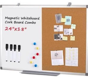 lot 6188 image: Cork Board and Dry Erase Board Combo Bulletin Board Combination Magnetic WhiteBoard Calendar Pin Notice Board for Home Office School with 4 Dry Erase Maker6 Magnets12 Pushpins, 24x18inches