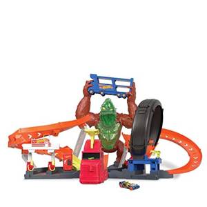 lot 6213 image: Hot Wheels Toxic Gorilla Slam Gas Station & Tire Repair Shop Playset with Adjustable Launcher, Lights & Sounds & 1 164 Scale Car, Connects to Other Track Sets, Gift for Kids 5 Years Old & Up