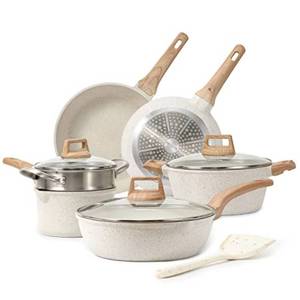lot 6246 image: CAROTE Pots and Pans Set Nonstick, White Granite Induction Kitchen Cookware Sets, 10 Pcs Non Stick Cooking Set w Frying Pans & Saucepans(PFOS , PFOA Free)