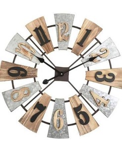 lot 6247 image: MODE HOME 24 Inch Large Farmhouse Wall Clock, Decorative Vintage Wood Wall Clock, Rustic Country Windmill Clock Wall Decor, Non Ticking Battery Operated