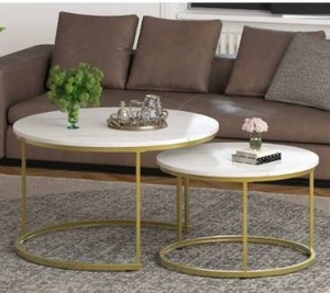 lot 6253 image: Yechen Coffee Table for Living Room, Set of 2 Modern Nesting Side Coffee Tables, Contemporary Accent Coffee and Snack End Table for Living Room,31 inch, White Table Top with Gold Metal Frame
