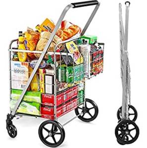 lot 6254 image: Wellmax Shopping cart with Wheels, Metal Grocery Cart with Wheels, Shopping Carts For Groceries, Folding Cart For Convenient Storage And Holds Up To 160lbs, Dual Swivel Wheels and Extra Basket, Silver