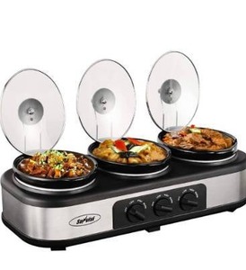 lot 6296 image: Slow Cooker, Triple Slow Cooker Buffet Server 3 Crock Food Warmer Pot , 3-Section 1.5-Quart Oval Slow Cooker Buffet Food Warmer Adjustable Temp Lid Rests Stainless Steel with 3 Spoons, Total 4.5