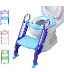 lot 4163 image: Potty Training Toilet Seat with Step Stool Ladder for Kids and Toddlers Adjustable Toilet Training Seat with Soft Not-Cold Padded Seat Safe Handles and Non-Slip Wide Steps, Purple and Blue