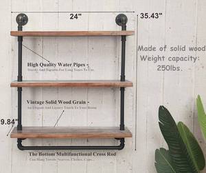 lot 4166 image: Industrial Retro Wall Mounted Iron Water Pipe Shelf - Hung Bracket - DIY Storage Shelving Bookshelf - Wood Shelf (24 Width Wall Bookcases)
