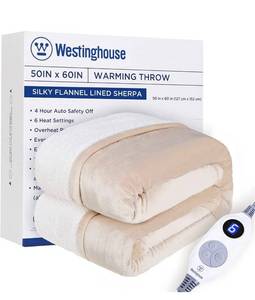 lot 4175 image: Westinghouse Electric Blanket Heated Throw  6 Heating Levels & 4 Hours Auto Off  Flannel to Sherpa Reversible 50x60  Machine Washable,Ivory