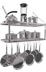 lot 4178 image: Vdomus Shelf Pot and Pan Rack - Mounted Hanging Pot Rack - 2x 29.5 by 13.7 Shelves for Kitchen Storage and Organization - Silver 2-Tier Wall Shelf for Pots and Pans Storage