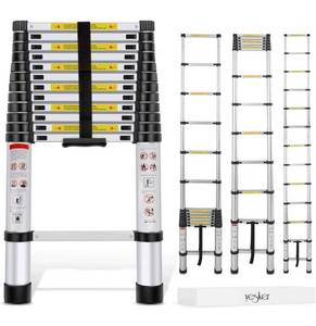 lot 4192 image: Yesker 12.5ft Telescoping Ladder Aluminum Telescopic Extension Multi Purpose Ladders EN131 Certified - Extendable with Spring Load Locking Mechanism Non-Slip - 330 lb Max Capacity, SilverBlack