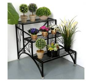 lot 4197 image: MyGift 3 Tier Black Metal Indoor Plant Stand Shelf Rack, Stairs Style Folding Flower Planter Pot Display Shelving