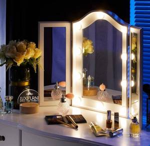 lot 4199 image: LUXFURNI Vanity Lighted Tri-fold Makeup Mirror with 10 Dimmable LED Bulbs, Touch Control Lights Tabletop Hollywood Cosmetic Mirror (White)