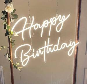 lot 4204 image: Large Happy Birthday LED Neon Sign, 28 inches Personalized Neon Light Sign for Birthday Party Wall Decoration Bar Rave Home Decor Christmas Light Gifts(Warm White)