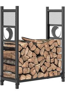 lot 4228 image: Mr IRONSTONE 4ft Firewood Rack, Outdoor Wood Rack for Firewood Storage Racks, with Carving Eagle Pattern and Iron Grid for Hold Logs of Various Sizes, Heavy Duty Log Storage Bin Indoor for Fireplace