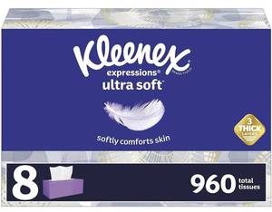 lot 4236 image: Kleenex Expressions Ultra Soft Facial Tissues, Soft Facial Tissue, 8 Flat Boxes, 120 Tissues per Box, 3-Ply (960 Total Tissues)