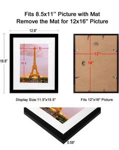 lot 4295 image: upsimples 12x16 Picture Frame Set of 2, Made of High Definition Glass for 8.5x11 with Mat or 12x16 Without Mat, Wall Mounting Photo Frames, Black