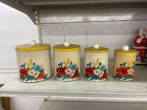 lot 8 image: vintage metal flowered canister set