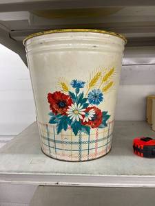 lot 9 image: vintage metal flowered trash can