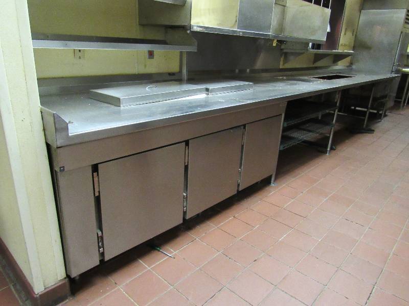 lot 110 image: 257 Extra Large Work Station W Built In Knight (3) Door Undercounter Cooler and Built In Toastmaster Food Warming Drawer