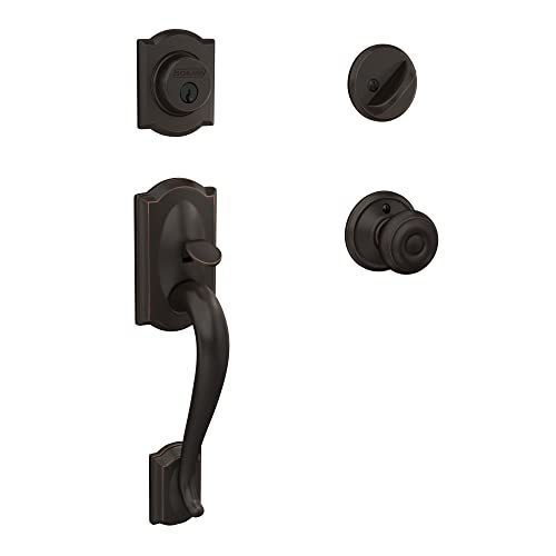 lot 25257 image: Schlage F60 V CAM 716 GEO Camelot Front Entry Handleset with Georgian Knob, Deadbolt Keyed 1 Side, Aged Bronze