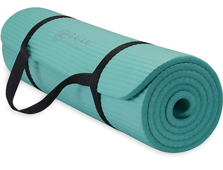 lot 40767 image: Gaiam Essentials Thick Yoga Mat Fitness & Exercise Mat with Easy-Cinch Yoga Mat Carrier Strap, 72L x 24W x 25 Inch Thick