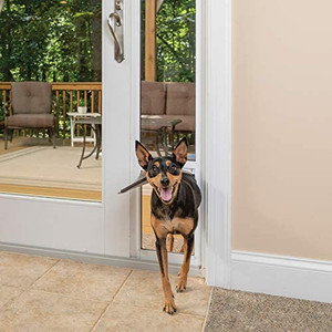 lot 12308 image: PetSafe 1-Piece Sliding Glass Pet Door - Outdoor Access Patio Panel Insert for Dogs and Cats, Easy No-Cut Installation, Weather-Resistant Aluminum Insert, Includes Slide-in Closing Panel for Security