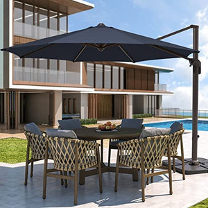 lot 12322 image: $$$ 9 FT Patio Cantilever Umbrella Outdoor Offset Market Hanging Umbrellas for Deck & Garden, UV Protection Solution-dyed Fabric Canopy with 360° Rotation, Navy