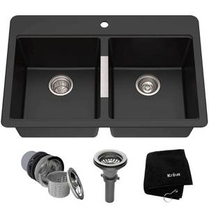 lot 22169 image: Kraus 33 Inch Dual Mount 5050 Double Bowl Granite Kitchen Sink w Topmount and Undermount Installation in Black Onyx
