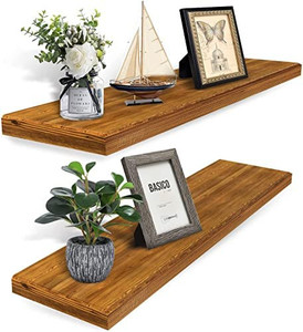 lot 22187 image: Floating Shelves Wood Wall Mounted Set of 2, Rustic Wood Wall Storage Shelves, Wall for Wall Shelf for Bathroom, Bedroom, Toilet, Kitchen, Office, Living Room Decor Floating Shelf (24in x 6in )