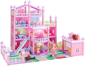 lot 22191 image: Dollhouse with LED Light, Princess Large Doll House, 4 Floors with 3 Dolls Dream House Building Toys with Slide Furnitures Accessories Pets Cottage DIY Pretend Play House Set, Gift for Girls Toddlers