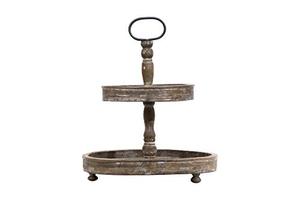 lot 22196 image: Creative Co-Op Distressed Brown Wood Metal Handle Two-Tier Tray 15 x 15 Inch