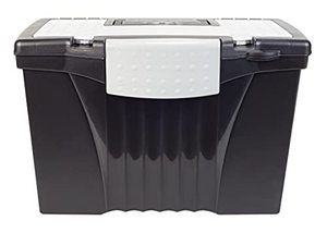lot 22197 image: Storex Legal File Box with Organizer Lid � Plastic Office File Storage Box for Letter and Legal Hanging Folders, 17.13 x 9.63 x 11 Inches, Black, 1-Count (61510C01C)