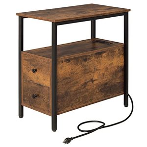 lot 32490 image: WEENFON End Table with Charging Station & 2 Drawers & 1 Open Storage Shelf, Narrow Sofa Side Table with 2 USB Ports and 2 Outlets, Nightstand with Metal Legs, Rustic Brown and Black