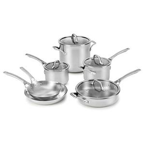 lot 32497 image: Calphalon 10-Piece Pots and Pans Set, Stainless Steel Kitchen Cookware with Stay-Cool Handles, Dishwasher Safe, Silver
