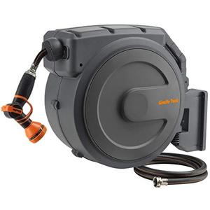 lot 42446 image: Giraffe Tools Retractable Garden Hose Reel 12 Inch x 130 ft, Super Heavy Duty, Any Length Lock, Slow Return System, Wall Mounted and 180 Deg Swivel Bracket