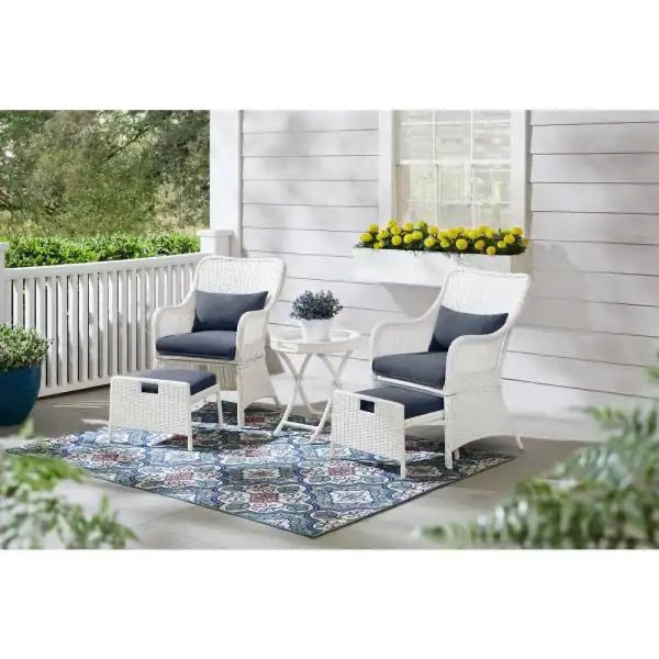lot 68806 image: Hampton Bay - Garden Hills 5-Piece Wicker Outdoor Chat Set with CushionGuard,  Sky Blue Cushions - Retail $599.00