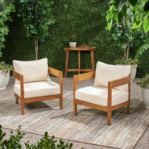 lot 68781 image: Noble House - Brooklyn Teak Brown Removable Cushions Wood Outdoor Lounge Chair with Beige Cushion (Single Chair) - Retail $210.50